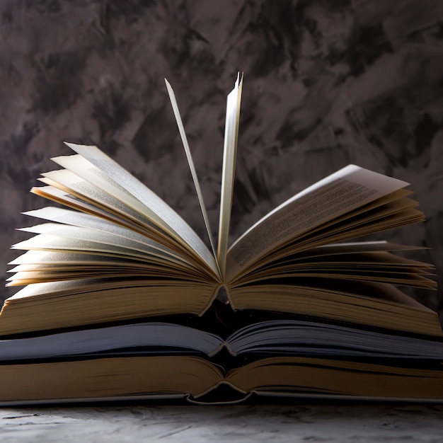 Ein Stapel offene Bücher mit leicht geschlagenen Seiten auf einem grauen Hintergrund.