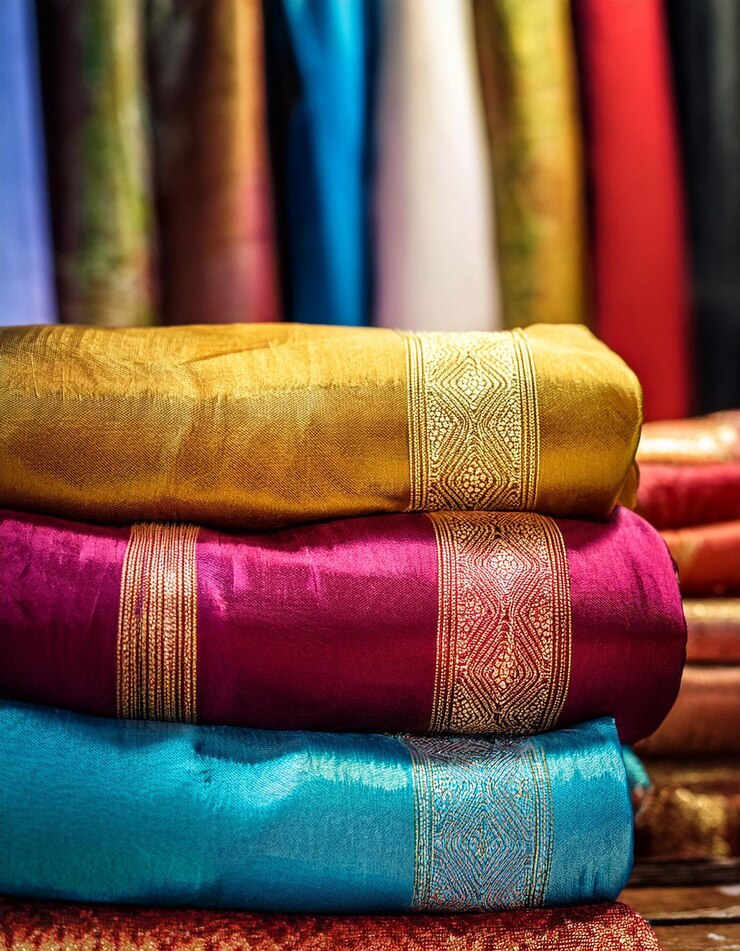 Ein Stapel ordentlich gefalteter traditioneller thailändischer Seidensaris in leuchtenden Farben