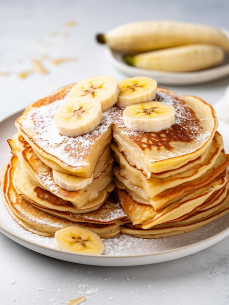 ein Stapel Pfannkuchen mit Bananen und Bananen darauf.