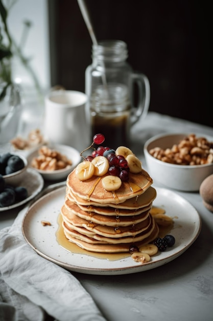 Ein Stapel Pfannkuchen mit Bananen und Beeren darauf.