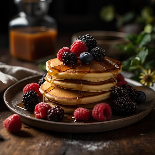 Ein Stapel Pfannkuchen mit Beeren darauf