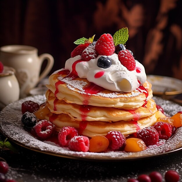 ein Stapel Pfannkuchen mit Beeren drauf