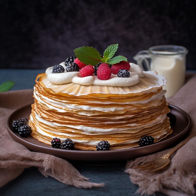 ein Stapel Pfannkuchen mit Beeren und Beeren drauf.