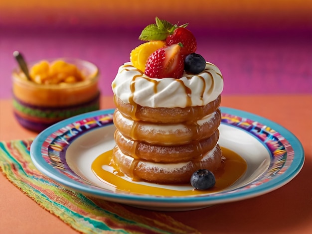 ein Stapel Pfannkuchen mit Beeren und Sirup darüber