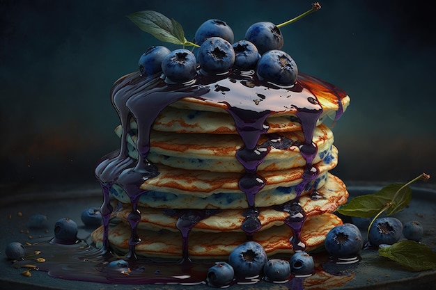 Ein Stapel Pfannkuchen mit Blaubeeren darauf.