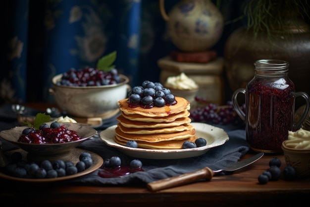 Ein Stapel Pfannkuchen mit Blaubeeren oben drauf und einem Glas Blaubeeren daneben.