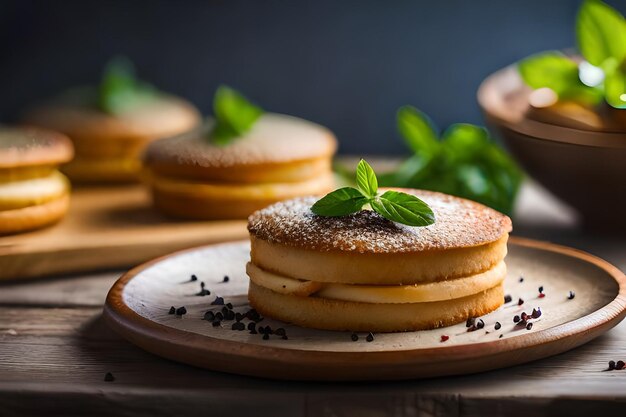 ein Stapel Pfannkuchen mit einem Blatt darauf