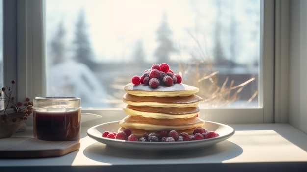 Ein Stapel Pfannkuchen mit einer Tasse Kaffee und einer Tasse Kaffee