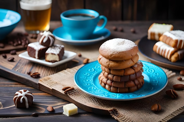 ein Stapel Pfannkuchen mit einer Tasse Kaffee und einer Tasse Kaffee.