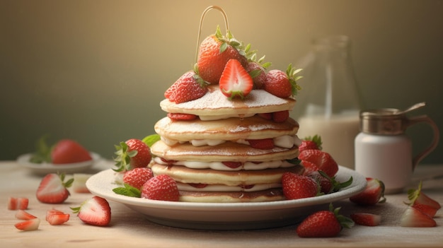 Ein Stapel Pfannkuchen mit Erdbeeren oben drauf und einem Glas Milch als Beilage.