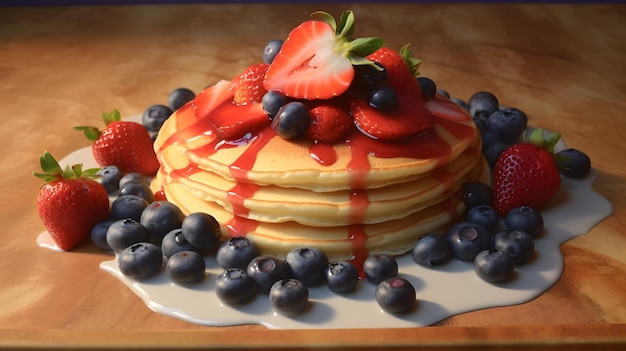 Ein Stapel Pfannkuchen mit Erdbeeren und Heidelbeeren an der Spitze