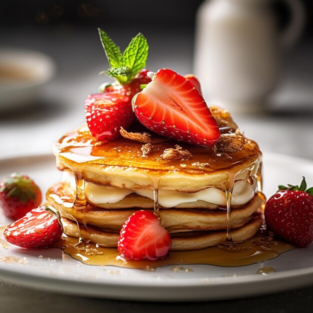 ein Stapel Pfannkuchen mit Erdbeeren und Sirup drauf.