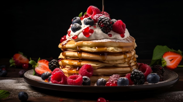 Ein Stapel Pfannkuchen mit frischem Obst und Schlagsahne