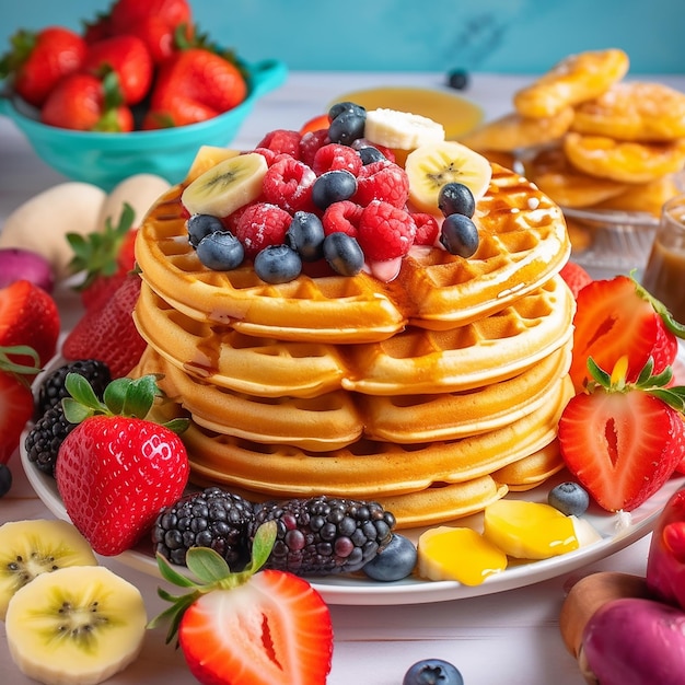 Ein Stapel Pfannkuchen mit Früchten an der Spitze und einem blauen Hintergrund.