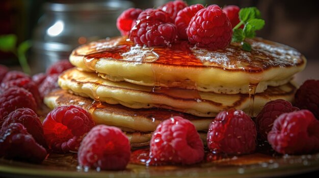 Ein Stapel Pfannkuchen mit Himbeeren an der Spitze