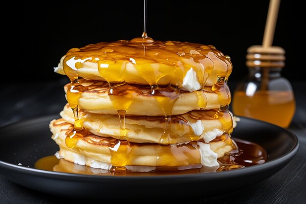 Ein Stapel Pfannkuchen mit Joghurt und Ahornsirup