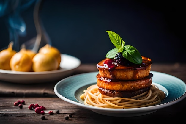 ein Stapel Pfannkuchen mit Marmelade und einem grünen Blatt oben