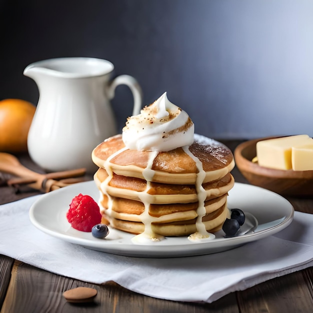 Ein Stapel Pfannkuchen mit Schlagsahne und Blaubeeren obendrauf.