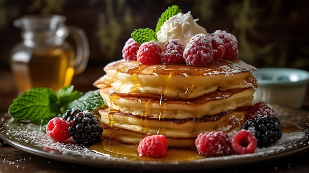 Ein Stapel Pfannkuchen mit Schlagsahne und frischen Beeren