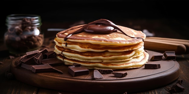 Ein Stapel Pfannkuchen mit Schokolade oben drauf und einer Tafel Schokolade oben drauf.