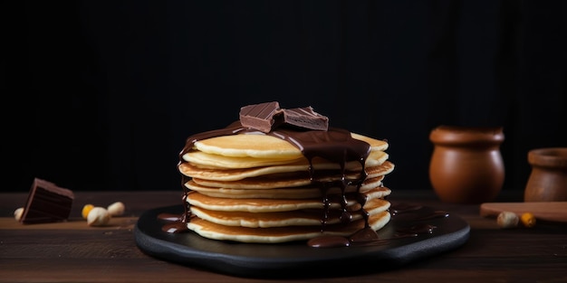 Ein Stapel Pfannkuchen mit Schokolade oben drauf und einer Tasse Kaffee als Beilage.