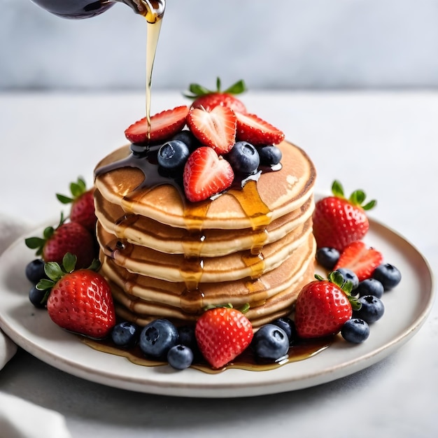 Ein Stapel Pfannkuchen mit Sirup, der oben gegossen wird, garniert mit Erdbeeren und Blaubeeren auf einem