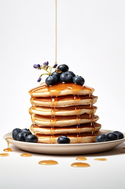 Ein Stapel Pfannkuchen mit Sirup und Blaubeeren generatives KI-Bild