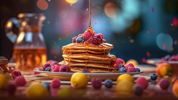 Ein Stapel Pfannkuchen mit vielen Beeren darauf