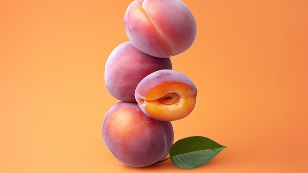 Ein Stapel Pfirsiche auf einem leuchtend orangefarbenen Hintergrund