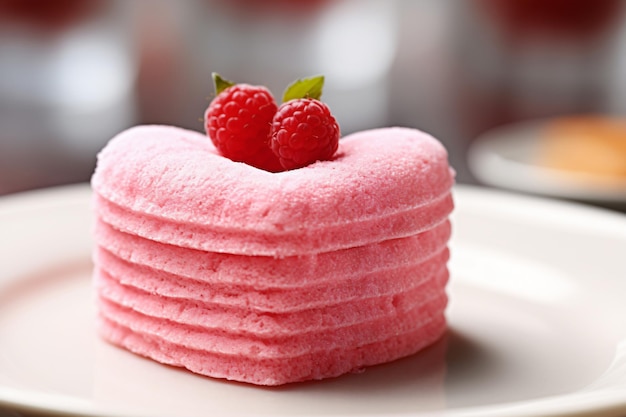 Foto ein stapel rosa kuchen mit himbeeren oben