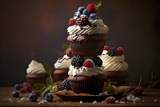 Ein Stapel Schokoladen-Cupcakes mit Schlagsahne und Beeren darauf, fertig zum Verzehr, erstellt mit g