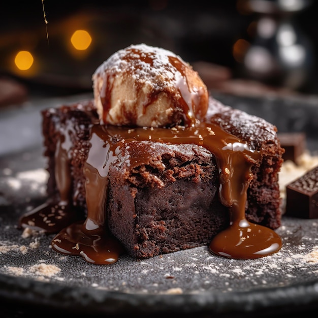 Ein Stapel Schokoladenbrownies auf Holzhintergrund mit Minzblatt obenauf hausgemachte Bäckerei