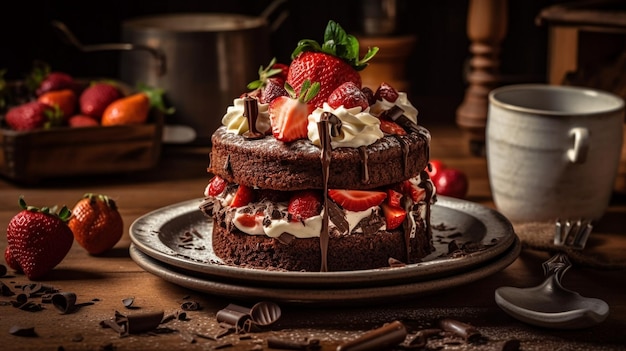 Ein Stapel Schokoladenkuchen mit Erdbeeren und Schlagsahne obendrauf.