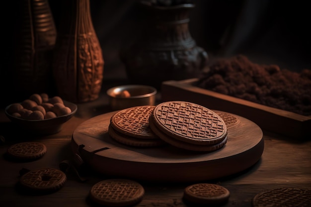 Ein Stapel Schokoladenwaffeln auf einem Holzbrett mit dunklem Hintergrund.