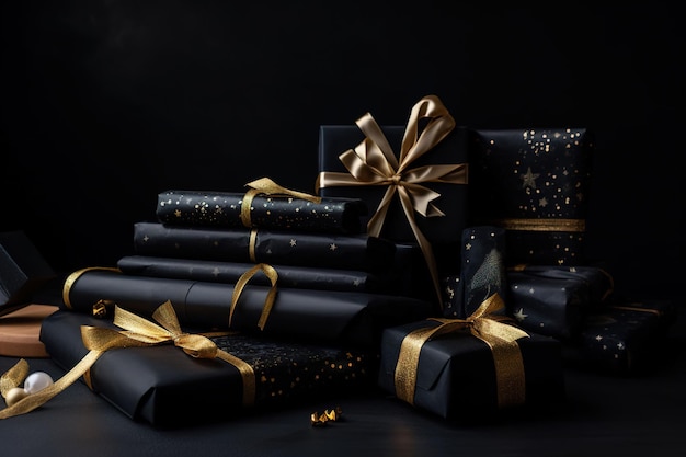 Ein Stapel schwarz-goldener Geschenkboxen mit goldenen Sternen darauf.