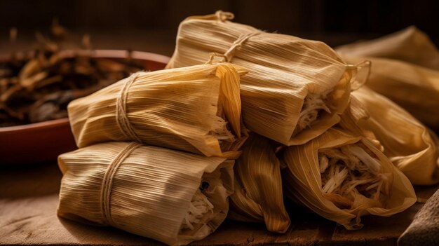 Ein Stapel Tamales mit einem Korb voller Reis.