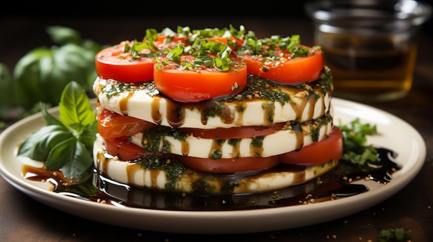 Ein Stapel Tomaten- und Gurkensandwiches auf einem Teller.