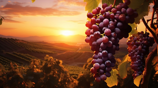 Ein Stapel Trauben hängt an einer Rebe in einem Weinberg