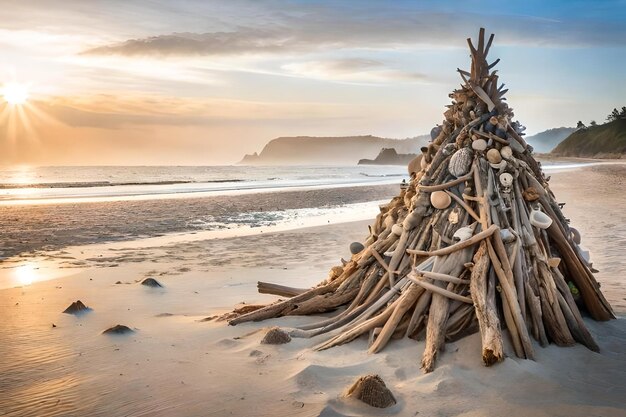 Foto ein stapel treibholz an einem strand mit dem ozean im hintergrund.