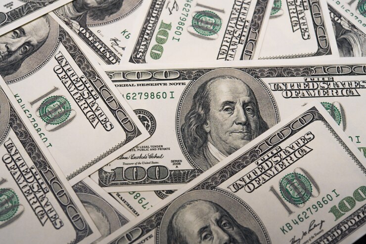 Foto ein stapel von hundert dollarscheinen. wirtschaftlich und finanziell von amerika konzept