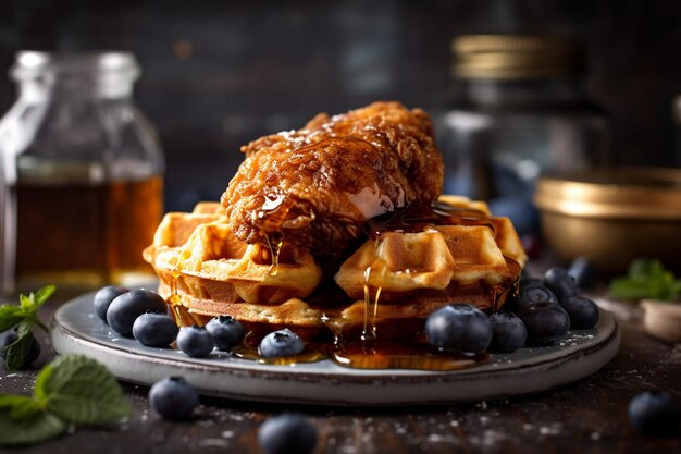 Ein Stapel Waffeln mit Heidelbeeren und einem Hähnchen darauf