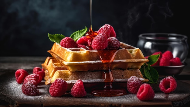 Ein Stapel Waffeln mit Himbeeren und Minze oben drauf