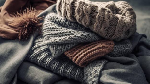 Ein Stapel warmer Winterkleidung auf einem Bett.