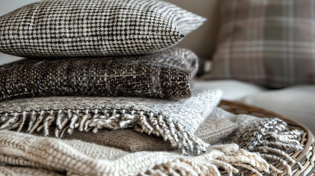 Ein Stapel weicher und gemütlicher Decken und Kissen in neutralen Farben ist der perfekte Weg, um Ihrem Zuhause einen Hauch von Wärme und Komfort zu verleihen.