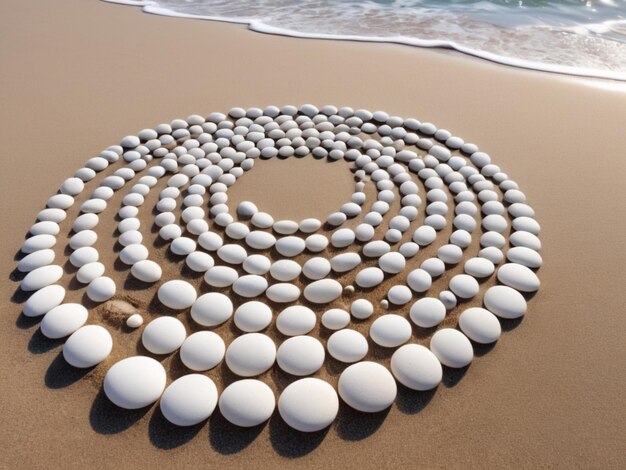 Ein Stapel weißer Kieselsteine bildet ein kreisförmiges Muster an einem Sandstrand