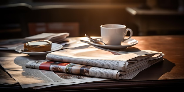 Ein Stapel Zeitungen und eine Tasse Kaffee auf dem Tisch