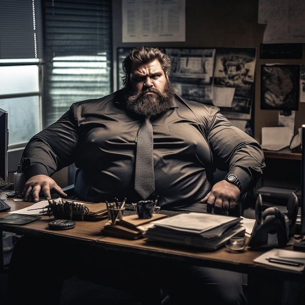 ein starker, muskulöser, krankhaft fettleibiger Mann, der im Büro sitzt