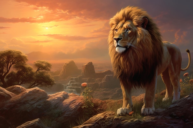 Ein starker und selbstbewusster Löwe auf dem Berggipfel bei Sonnenuntergang