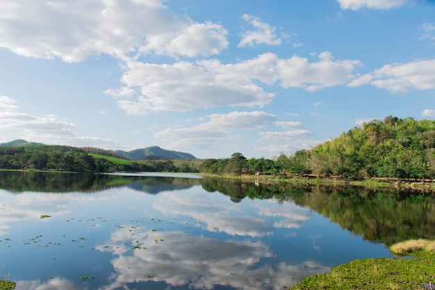 Ein stausee, der von natur umgeben ist und einen schönen blick in den himmel bietet, und es gibt auch himmelsschatten, die sich im wasser spiegeln.