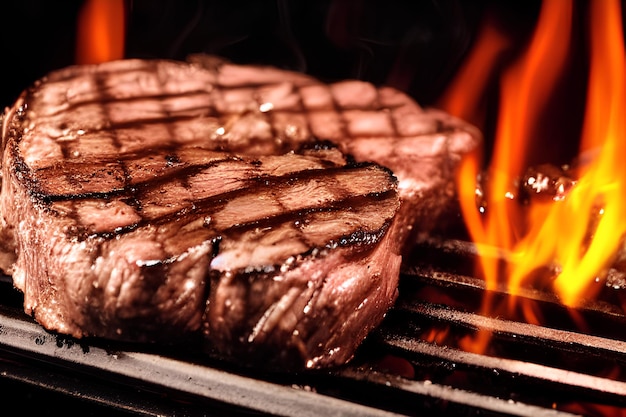 Ein Steak auf dem Grill mit Flammen